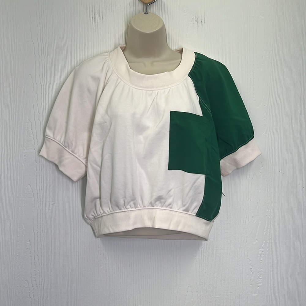 Free People - NWT Movement Green And Cream Base Short Sleeve Sweatshirt T Size M - Picture 2 of 12